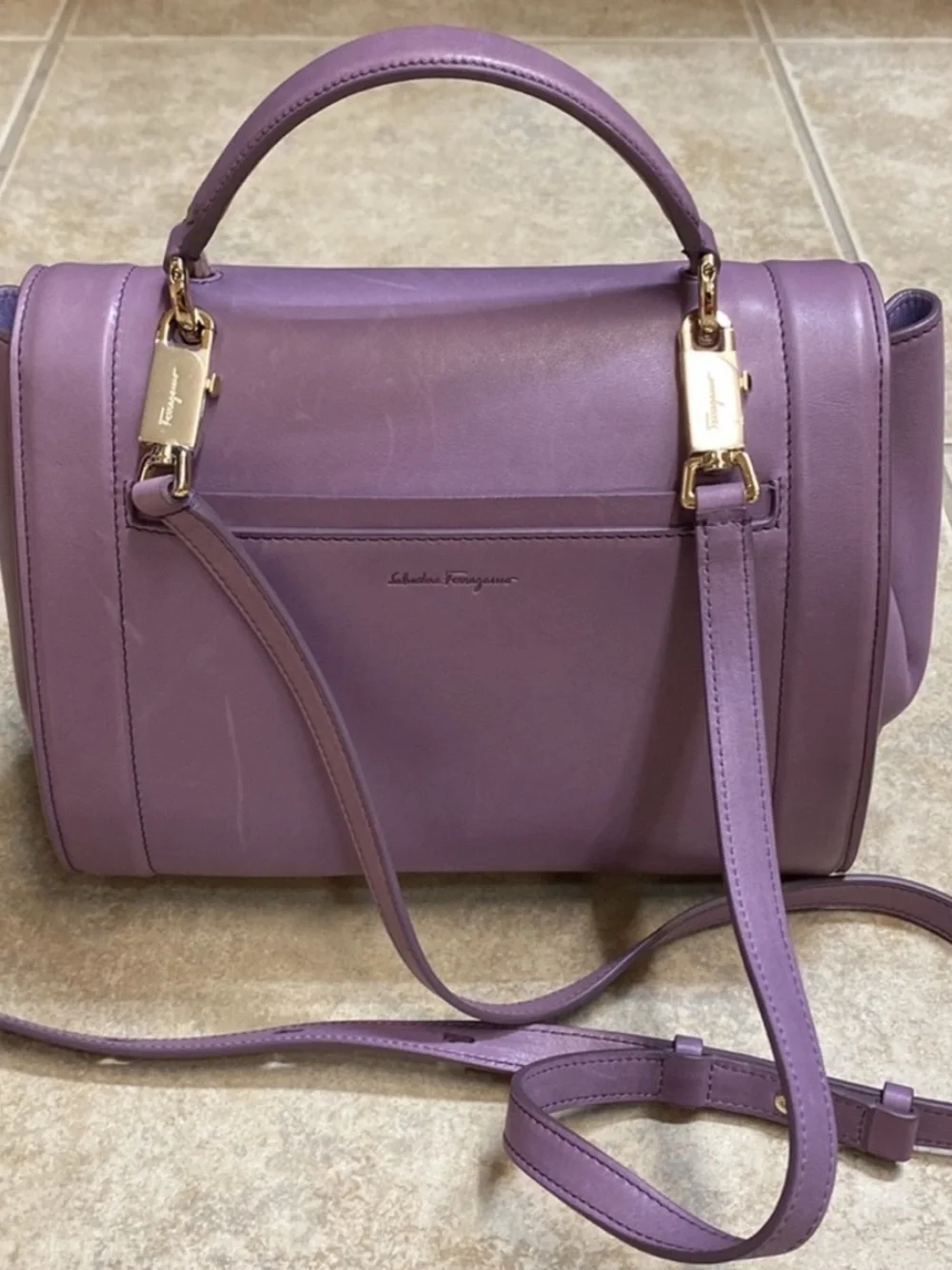Salvatore Ferragamo Lilac Leather Top-Handle Satchel with Gold Hardware